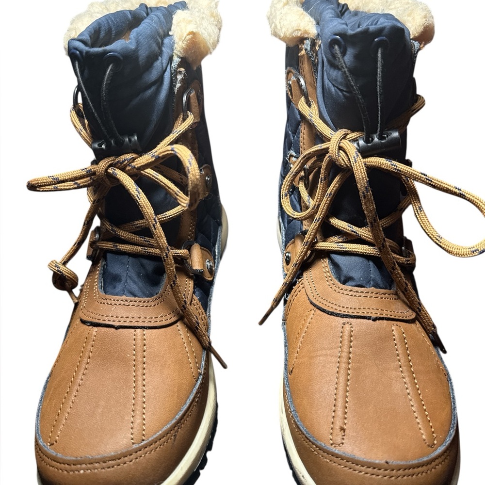 BearPaw Women’s Bethany Tan Blue‎ Size 7 Weatherproof Leather Nylon Boots